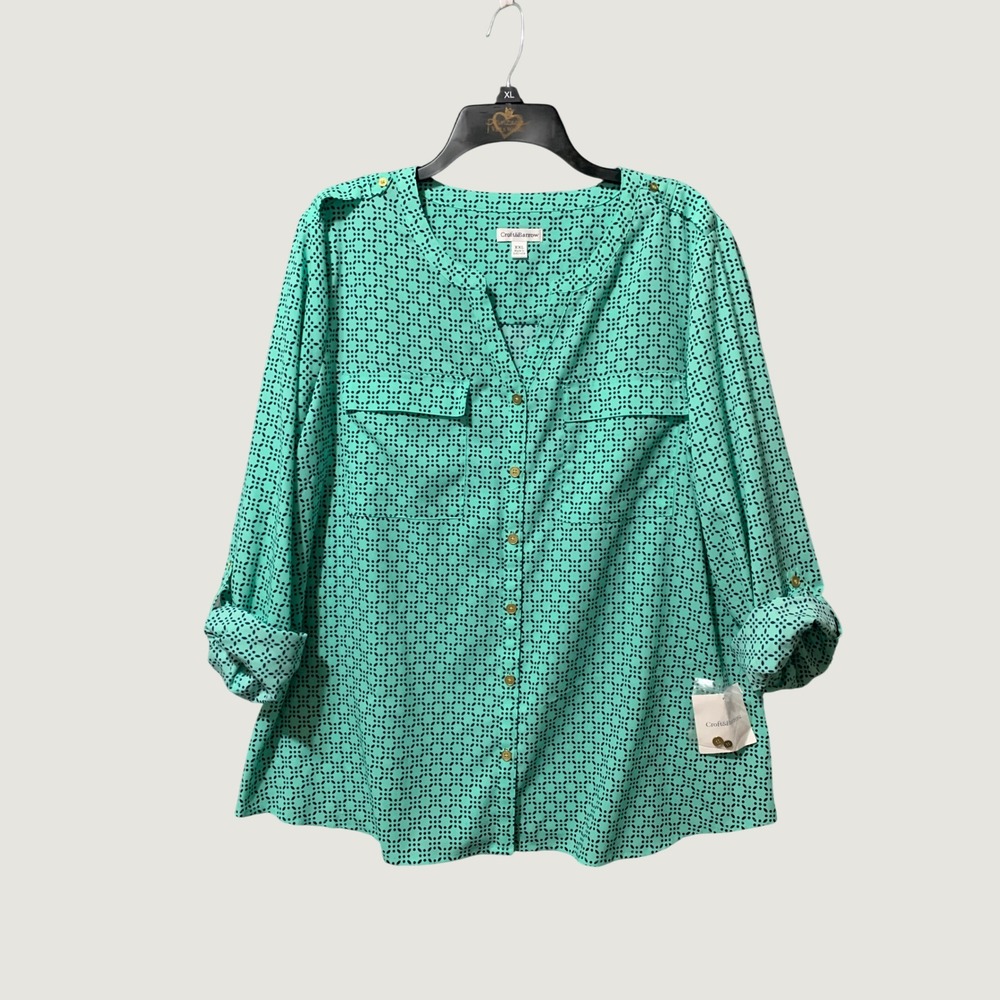 Croft & Barrow Womens XXL Mint Green Navy Geometric Roll Tab Blouse WC61W144RP